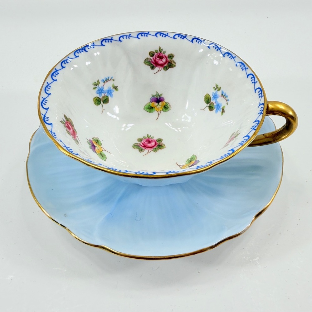 Shelley English Fine Bone, Oleander Shape Floral Blue Teacup Cup & Saucer 13528